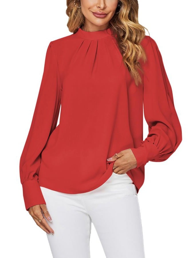 LYANER Women's Mock Neck Pleated Solid Long Sleeve Blouse Office Shirt Top, Red, M - Image 1