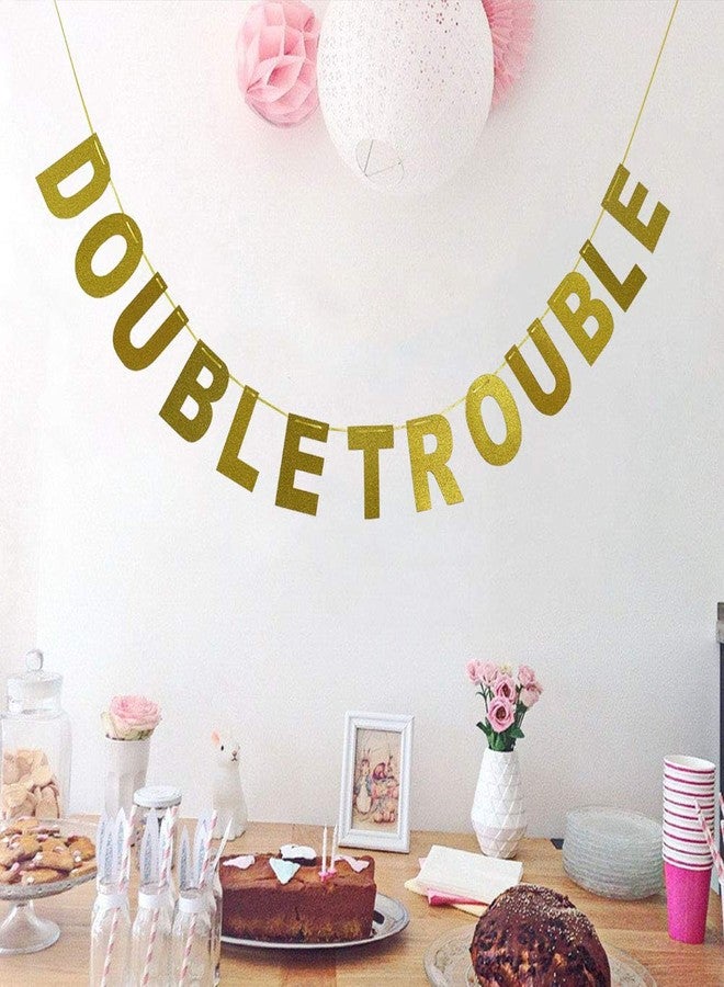 SWEETTALA Double Trouble Bunting Banner Gold Glitter for Twins Baby Shower, Kids Birthday Party Decorations - Image 2