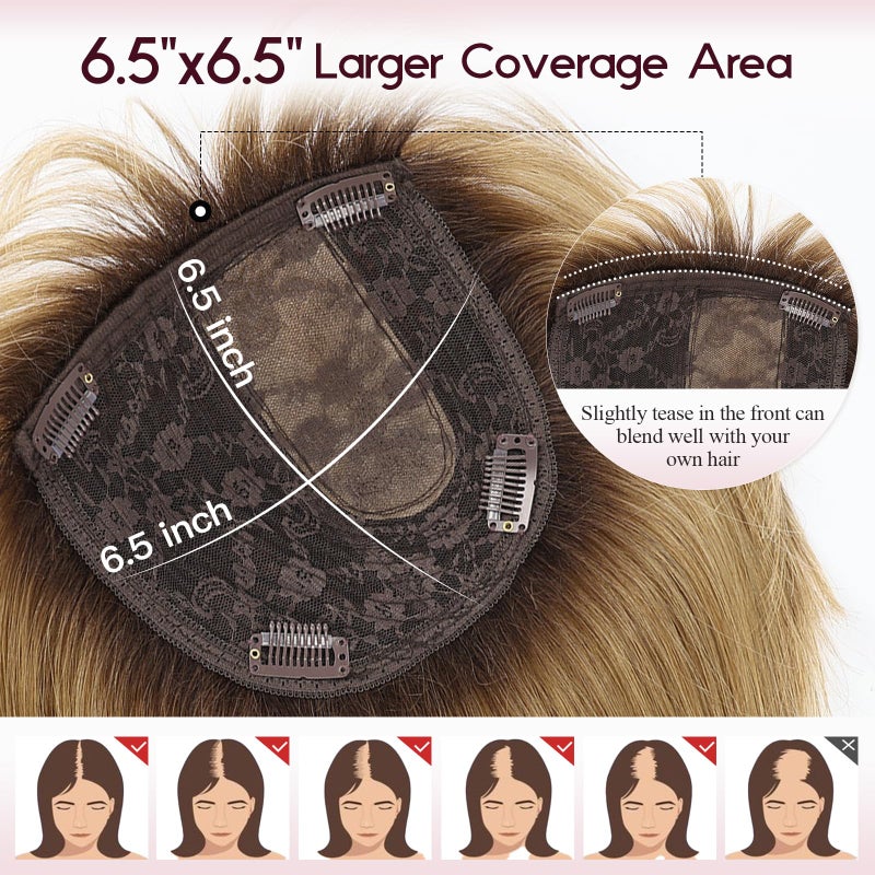 EMMOR Human Hair Toppers for Women Short Bob Real Hair with Bangs 10" Side Part Hairpieces for Women with Thin Hair 6.5" Ã— 6.5" Larger Base Human Wig Toppers(Ombre Light Brown) - Image 5