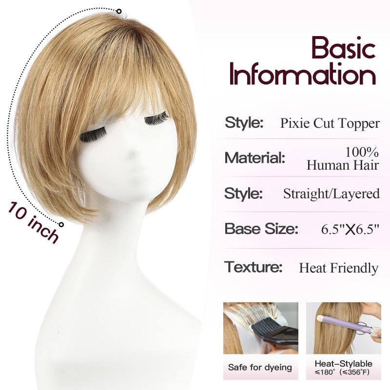 EMMOR Human Hair Toppers for Women Short Bob Real Hair with Bangs 10" Side Part Hairpieces for Women with Thin Hair 6.5" Ã— 6.5" Larger Base Human Wig Toppers(Ombre Light Brown) - Image 2