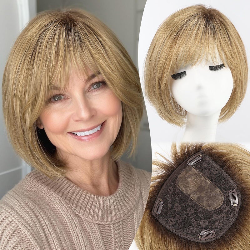 EMMOR Human Hair Toppers for Women Short Bob Real Hair with Bangs 10" Side Part Hairpieces for Women with Thin Hair 6.5" Ã— 6.5" Larger Base Human Wig Toppers(Ombre Light Brown) - Image 1