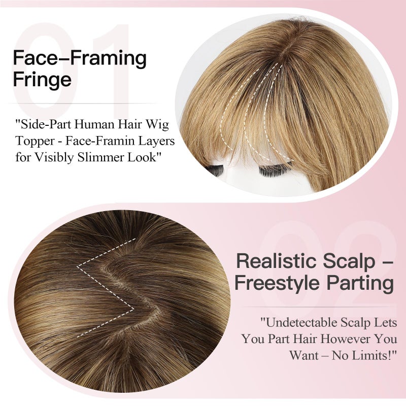 EMMOR Human Hair Toppers for Women Short Bob Real Hair with Bangs 10" Side Part Hairpieces for Women with Thin Hair 6.5" Ã— 6.5" Larger Base Human Wig Toppers(Ombre Light Brown) - Image 3