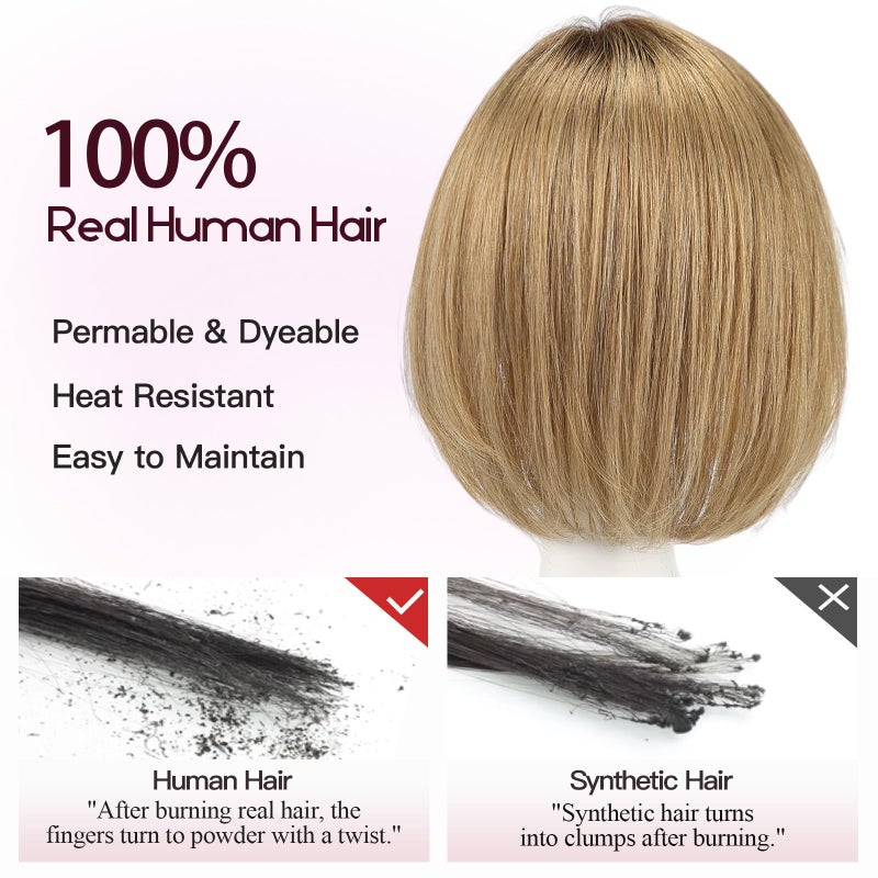 EMMOR Human Hair Toppers for Women Short Bob Real Hair with Bangs 10" Side Part Hairpieces for Women with Thin Hair 6.5" Ã— 6.5" Larger Base Human Wig Toppers(Ombre Light Brown) - Image 4