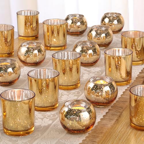Volens 30pcs Assorted Gold Votive Candle Holders Bulk, Large Gold Wedding Centerpieces for Tables, Mercury Glass Votive & Tealight Candle Holders for Party Decorations and Home Decor - Image 1