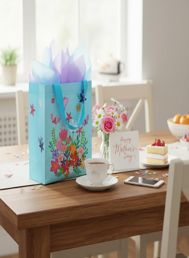 SUNCOLOR Mother's Day Gift Bags with Tissue Paper, Floral Design Non-Woven Material, 10x8x4.7 Inches, Pink and Blue, 2 Pack - Image 4