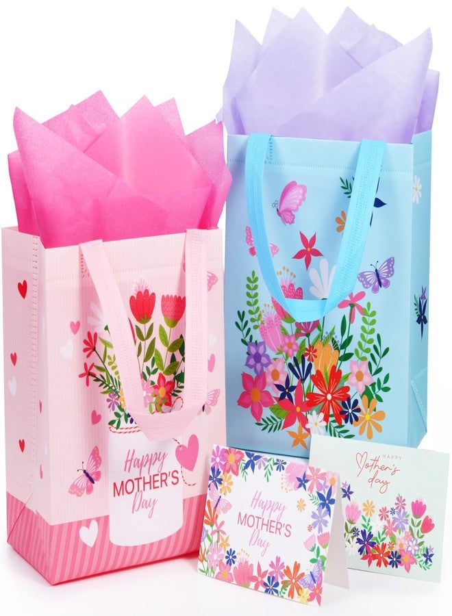 SUNCOLOR Mother's Day Gift Bags with Tissue Paper, Floral Design Non-Woven Material, 10x8x4.7 Inches, Pink and Blue, 2 Pack - Image 1