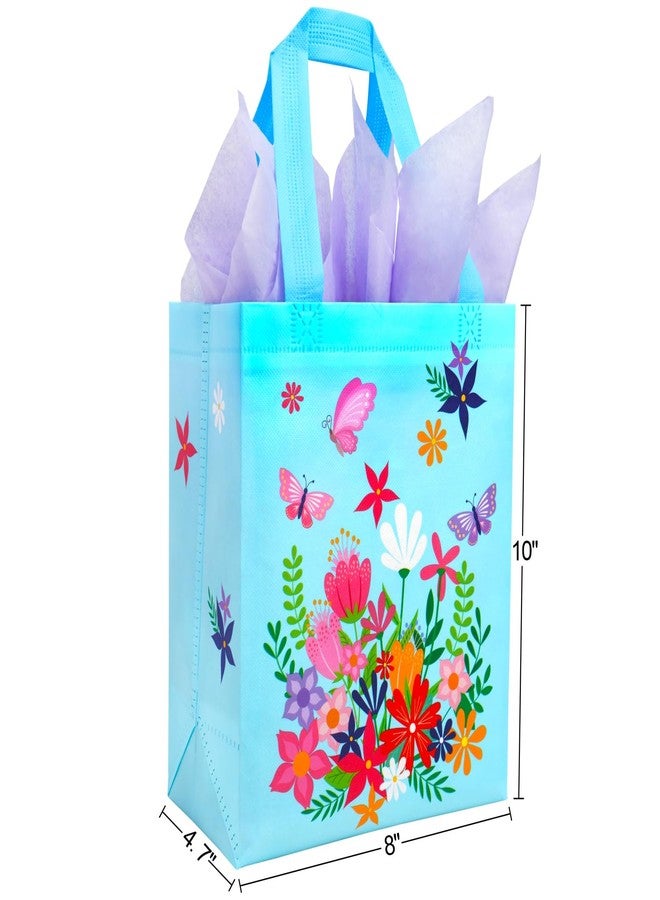 SUNCOLOR Mother's Day Gift Bags with Tissue Paper, Floral Design Non-Woven Material, 10x8x4.7 Inches, Pink and Blue, 2 Pack - Image 2