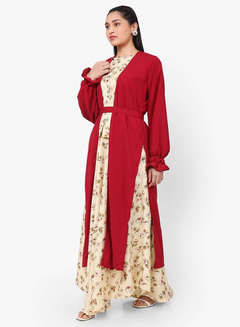 HANA & SARA MODEST PRINTED DRESS WITH SOLID COLOUR LONG JACKET AND BELT STYLISH ARABIC KAFTAN JALABIYA - Image 5