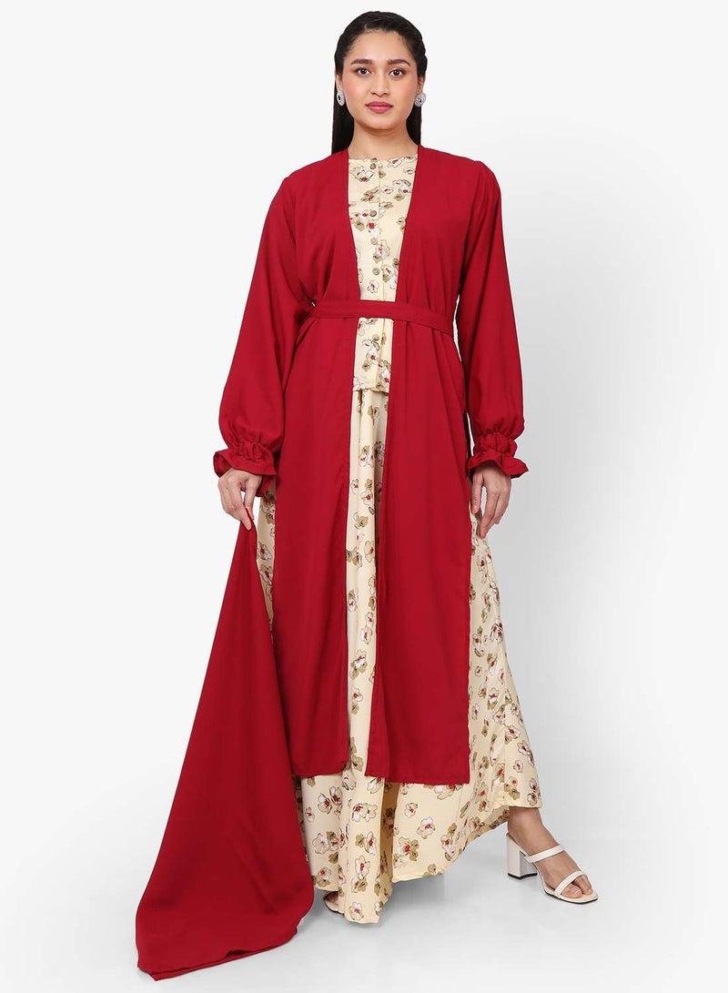 HANA & SARA MODEST PRINTED DRESS WITH SOLID COLOUR LONG JACKET AND BELT STYLISH ARABIC KAFTAN JALABIYA - Image 4
