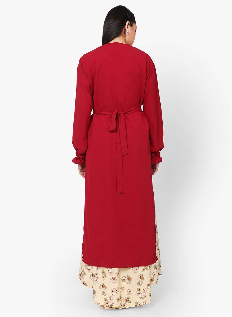 HANA & SARA MODEST PRINTED DRESS WITH SOLID COLOUR LONG JACKET AND BELT STYLISH ARABIC KAFTAN JALABIYA - Image 2