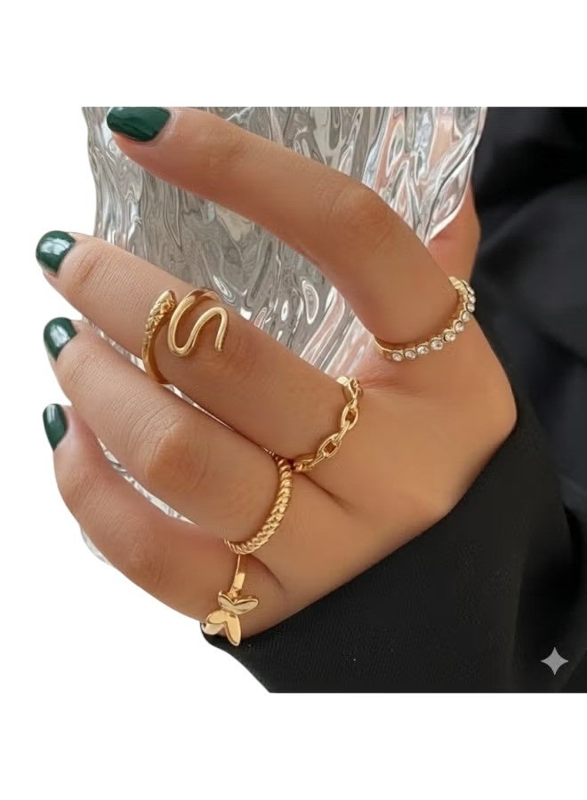 هويتك Elegant Gold Color Fashion Ring Set for Women – 5pcs Mixed Designs - Image 1