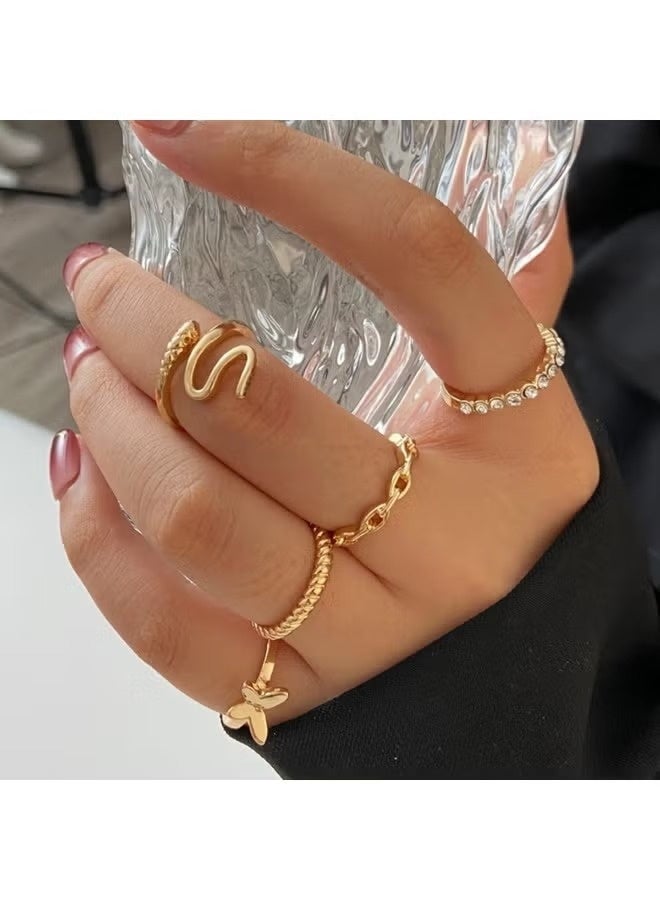 هويتك Elegant Gold Color Fashion Ring Set for Women – 5pcs Mixed Designs - Image 2