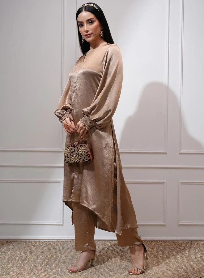 Vishudh Women Tan Satin High-Low Kurta with Trousers by Styli