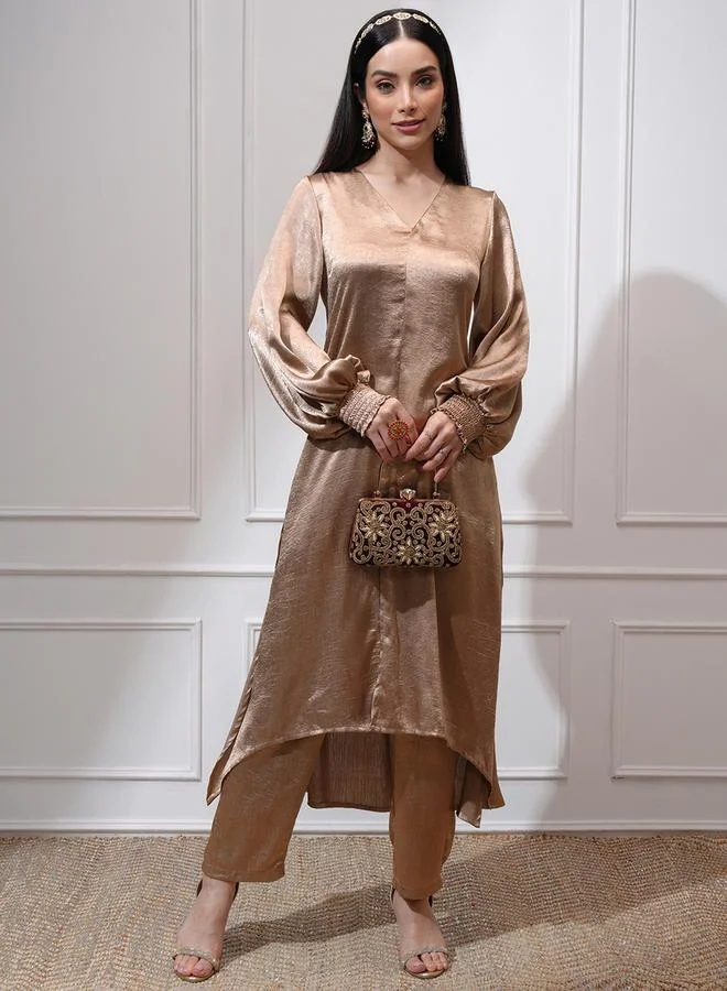 Vishudh Women Tan Satin High-Low Kurta with Trousers by Styli