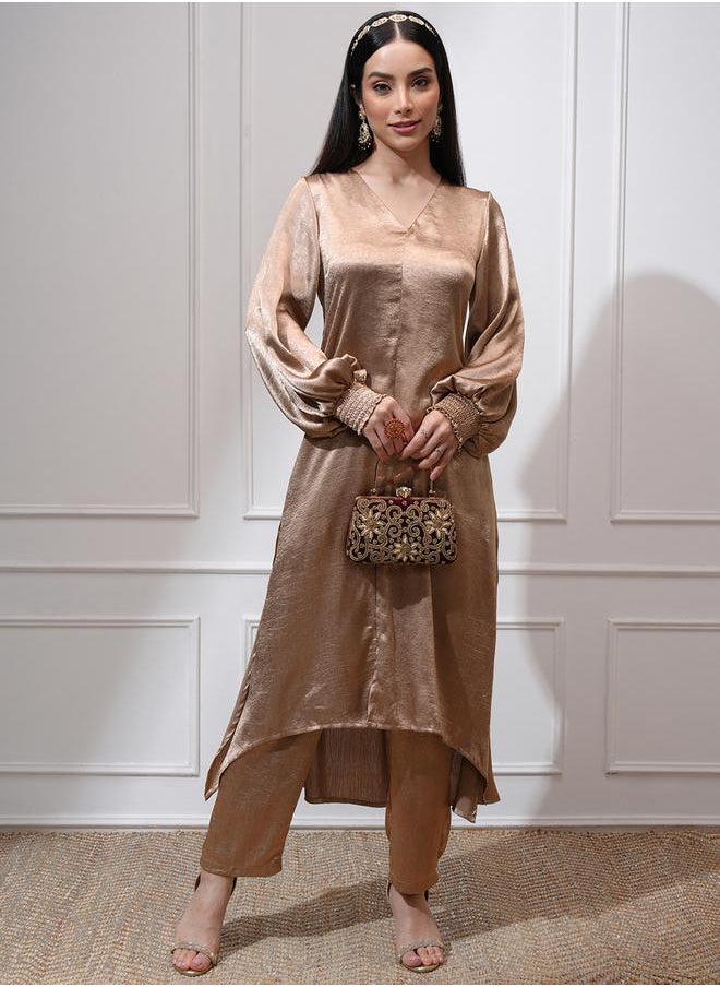 Vishudh Women Tan Satin High-Low Kurta with Trousers by Styli  - Image 1