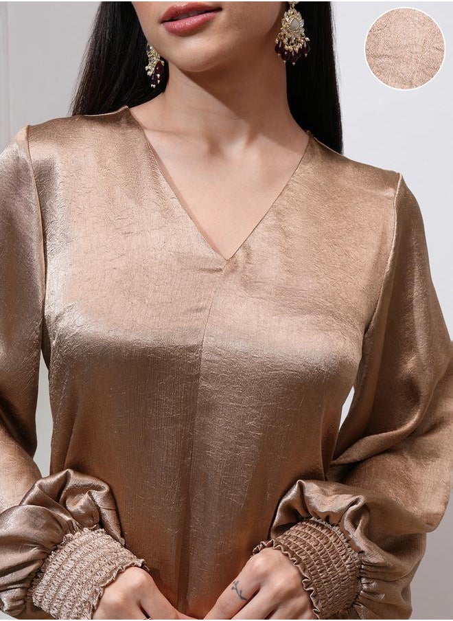 Vishudh Women Tan Satin High-Low Kurta with Trousers by Styli  - Image 5