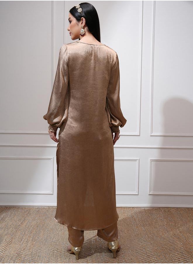 Vishudh Women Tan Satin High-Low Kurta with Trousers by Styli  - Image 3