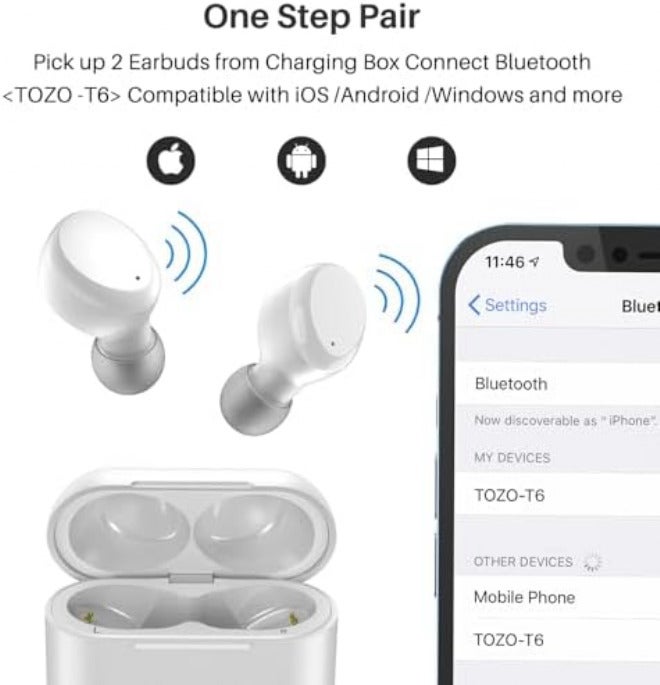 توزو سماعات أذن لاسلكية TOZO T6 بتقنية Bluetooth 5.3، تصميم مريح داخل الأذن، مدة تشغيل 45 ساعة مع علبة شحن لاسلكية، تطبيق EQ قابل للتخصيص، مقاومة للماء IPX8 - Image 4