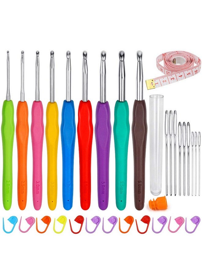 EWINEVER Crochet Hooks Set, 9Pcs Aluminum Knitting Needles Kit Ergonomic Soft Grip Handle For Arthritic Hands With Measuring Tape Stitch Markers And Sewing Needles - Image 1