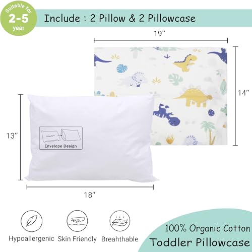ZPECC Toddler Pillow with Pillowcase Organic Cotton Hypoallergenic Kids Pillow Baby Essentials for Travel Crib Daycare Stroller Intended for Age 2 and up Dinosaur 2 Piece Set 13x18 - Image 3