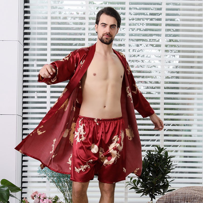 Couple Silk Printed Nightgown Chinese Style Women's Pajamas Men's Long-Sleeved Silk Bathrobe 88007-2 - Image 3