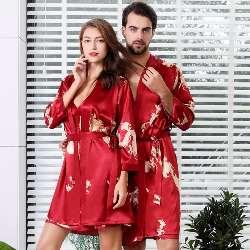 Couple Silk Printed Nightgown Chinese Style Women's Pajamas Men's Long-Sleeved Silk Bathrobe 88007-2 - Image 2