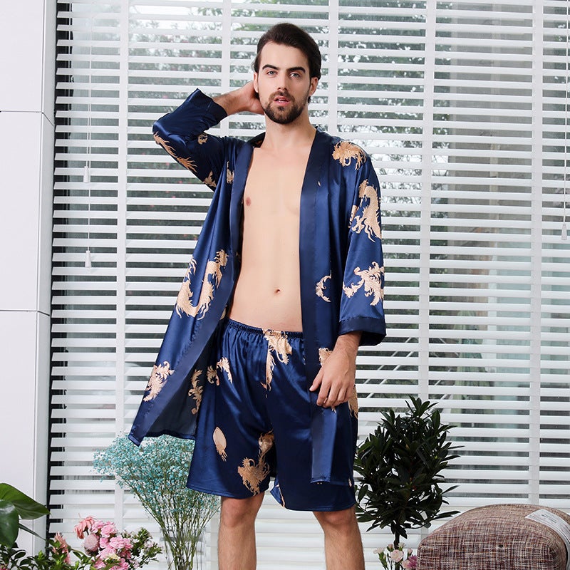 Couple Silk Printed Nightgown Chinese Style Women's Pajamas Men's Long-Sleeved Silk Bathrobe 88007-2 - Image 1