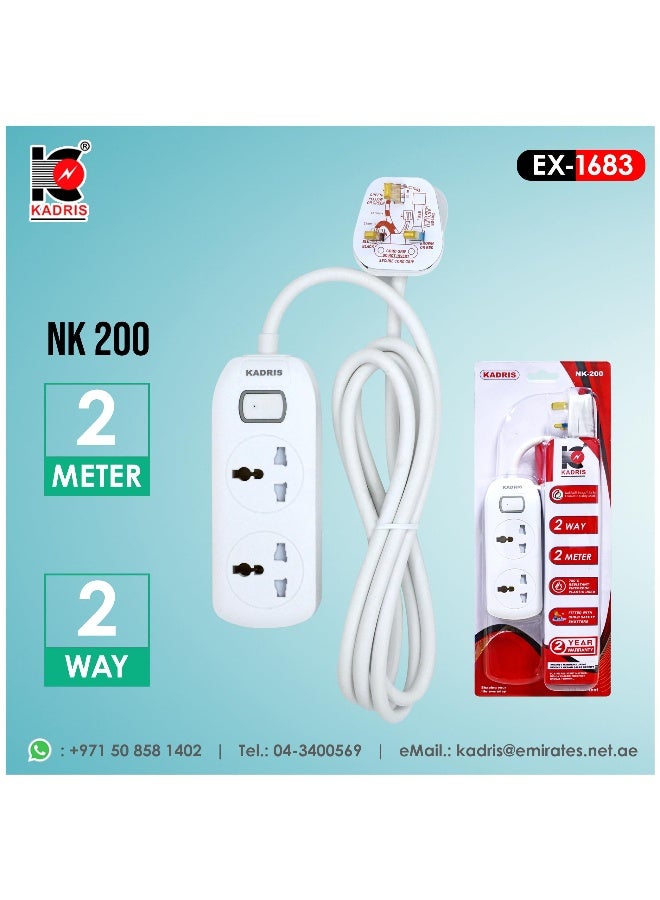 KADRIS Power Strips NK-200 Extension Cord with 2 way Outlets with switch, Charging Socket with 2 meter Heat resistant  Extension Cord (White) ESMA approved - Image 3