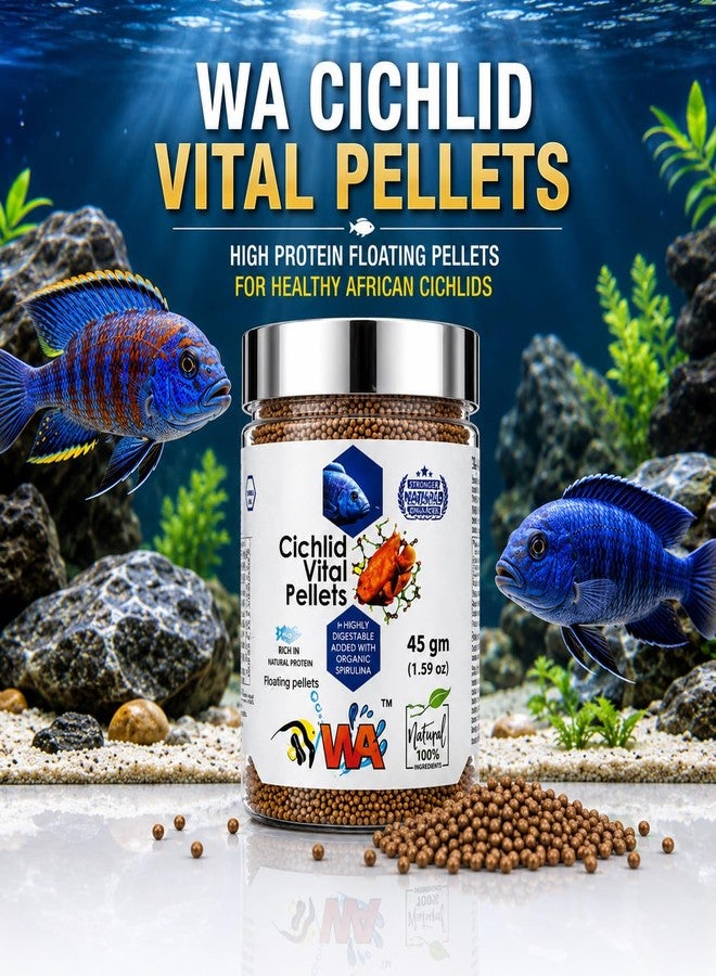 VAYINATO WA Cichlid Vital Pellets Fish Food 45g | High Protein Floating Pellets with Organic Spirulina | Natural Color Enhancer Formula | Highly Digestible Daily Feed for African Cichlids - Image 1
