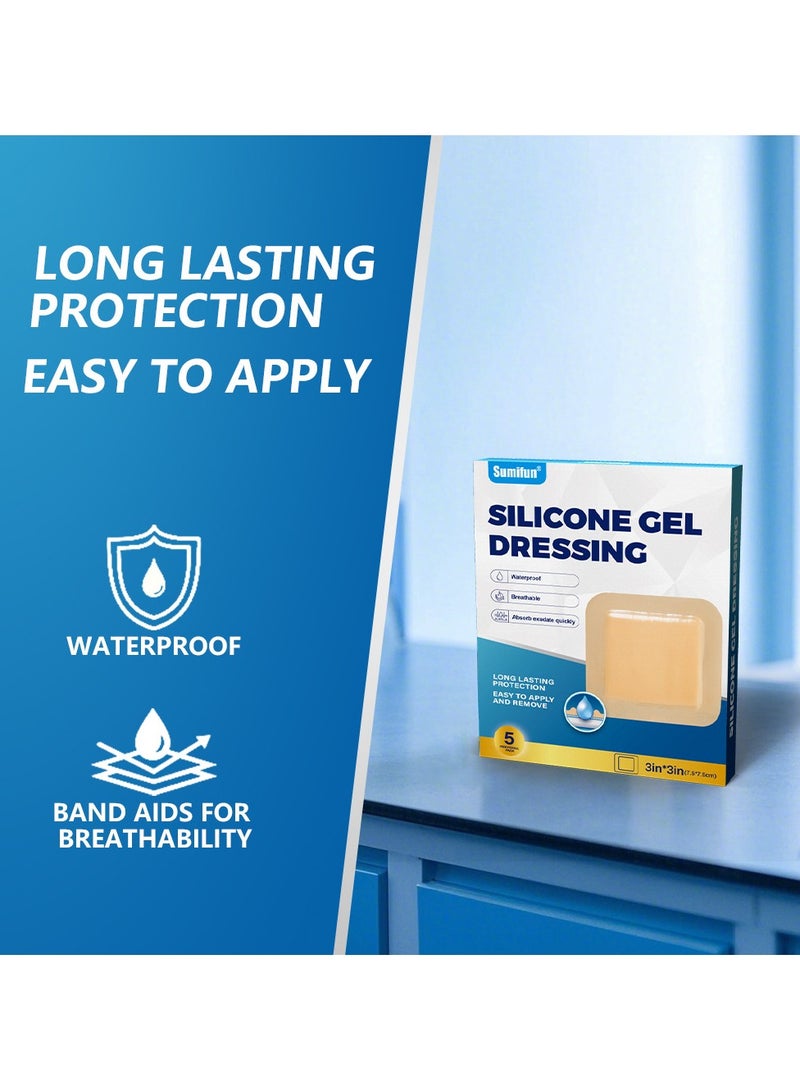 سوميفون ضمادة جروح هلامية سيليكونية معقمة ذاتية اللصق، رقعة حماية للجروح، مقاومة للصدمات، مقاومة للماء، رقعة عناية مضادة للاحتكاك، 5 قطع - Image 2
