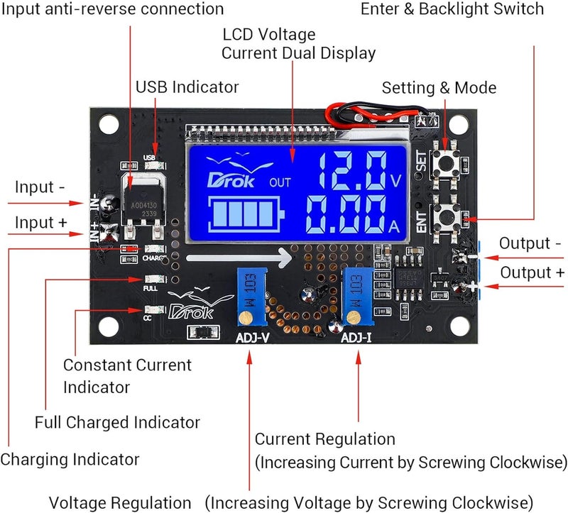 DROK DC Buck Converter Adjustable Voltage Regulator 12V 6V-32V to 1.5-32V 5A, LCD Screen Step Down Converter with USB Port and Protective Case - Image 2