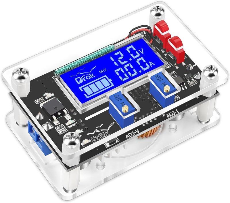 DROK DC Buck Converter Adjustable Voltage Regulator 12V 6V-32V to 1.5-32V 5A, LCD Screen Step Down Converter with USB Port and Protective Case - Image 1