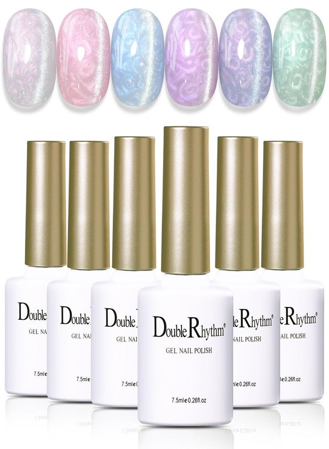 Double Rhythm Cat Eye Gel Polish Set 6 Colors Shimmer Glitter with Magnet Holographic Reflective Magnetic UV Nail Art Kit (Pearl Pink Blue Green Purple 6-Kit 44) - Image 1