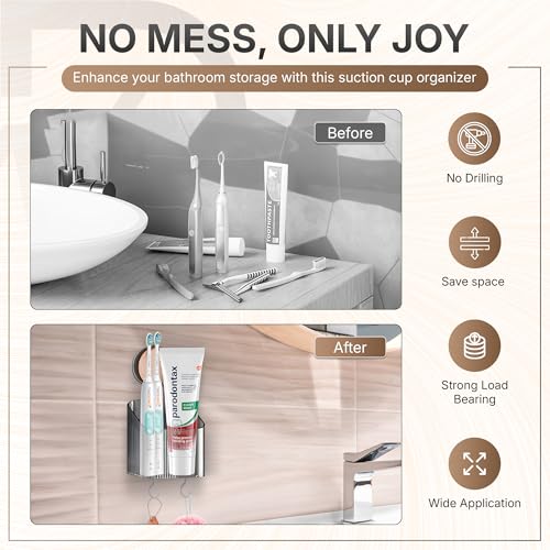 NEVADRILL Vacuum Suction Toothbrush Holder for Bathroom | Wall Mounted No-Drill Toothpaste Storage Rack with Hooks | Strong Adhesive Organizer for Tiles, Glass, Marble & Wooden Walls [ND-1003RG] - Image 5