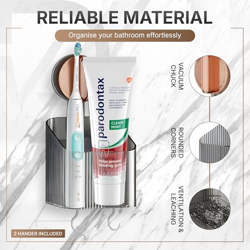 NEVADRILL Vacuum Suction Toothbrush Holder for Bathroom | Wall Mounted No-Drill Toothpaste Storage Rack with Hooks | Strong Adhesive Organizer for Tiles, Glass, Marble & Wooden Walls [ND-1003RG] - Image 3