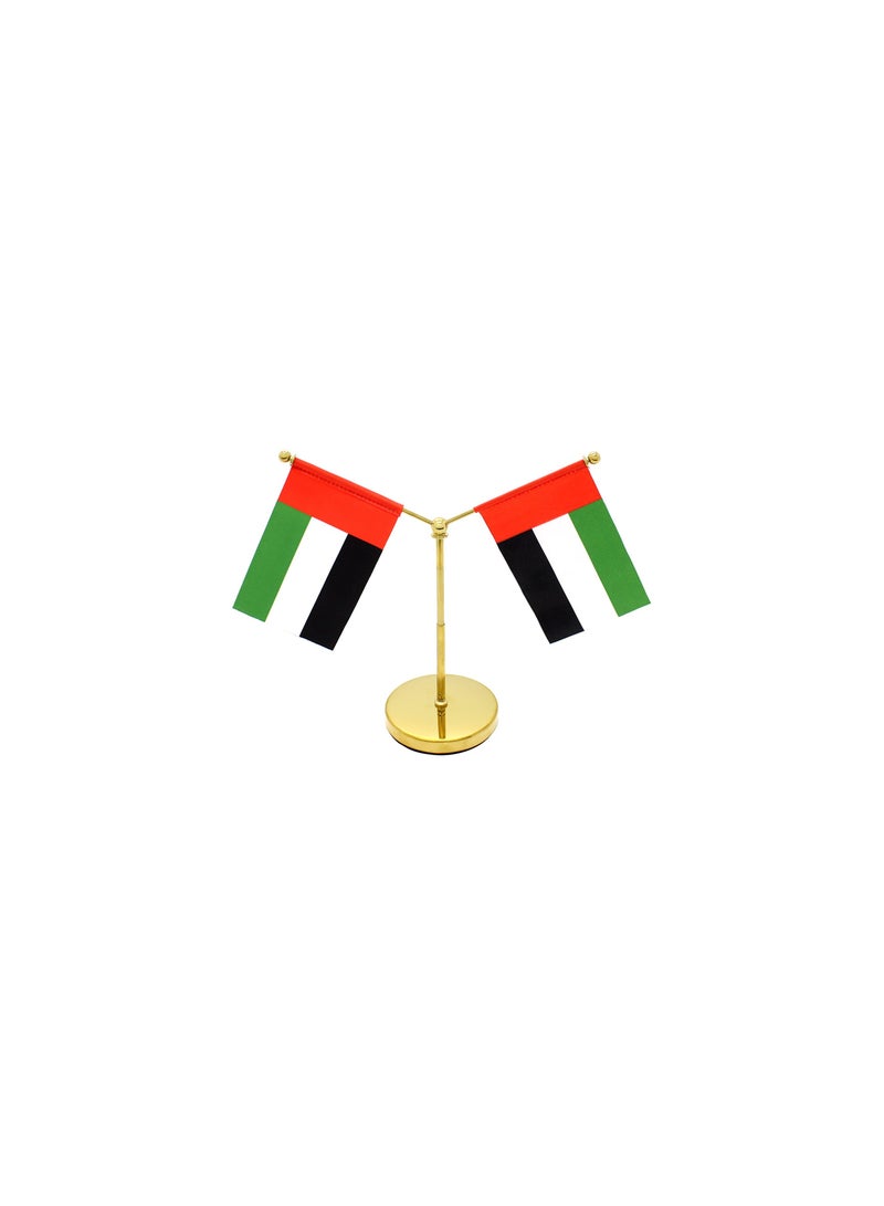 Generic UAE Metal Table Flag Stand–Durable Flagpole Holder For Office,Home,Desk,Or Events Conference Table Decoration-Gold Metal Flag Stand For Schools–Y Shape Double Mini Flags Pole Holder  - Image 1
