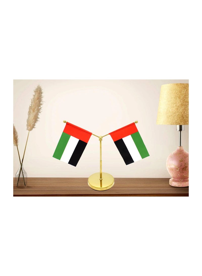 Generic UAE Metal Table Flag Stand–Durable Flagpole Holder For Office,Home,Desk,Or Events Conference Table Decoration-Gold Metal Flag Stand For Schools–Y Shape Double Mini Flags Pole Holder  - Image 4