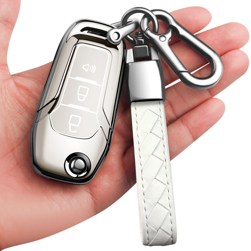 Sindeda for Ford Key Fob Cover with Keychain Soft Full Protection Key Shell Key Case Compatible with Ford F150 F250 F350 F450 F550 Explorer Ranger Escape Key Fob Shell White
