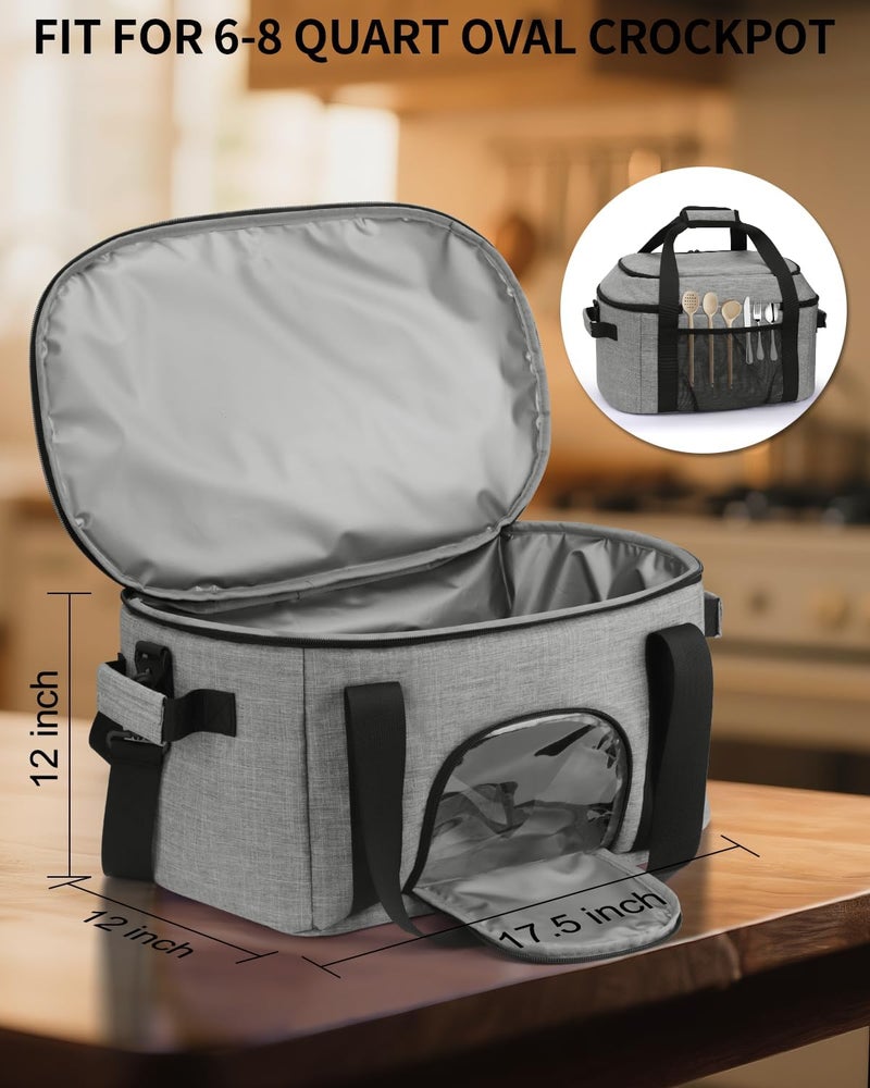 DD DEVILLI Double-Layer Slow Cooker Carrying Bag for 6-8 Quart CrockPot and Hamlton Beach,Portable Carrier Case with See-Through Window,Travel Bag with Lid Fastener for Family Gathering,Grey - Image 5