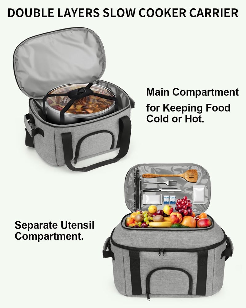 DD DEVILLI Double-Layer Slow Cooker Carrying Bag for 6-8 Quart CrockPot and Hamlton Beach,Portable Carrier Case with See-Through Window,Travel Bag with Lid Fastener for Family Gathering,Grey - Image 2