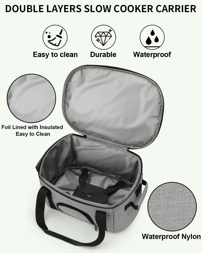 DD DEVILLI Double-Layer Slow Cooker Carrying Bag for 6-8 Quart CrockPot and Hamlton Beach,Portable Carrier Case with See-Through Window,Travel Bag with Lid Fastener for Family Gathering,Grey - Image 3
