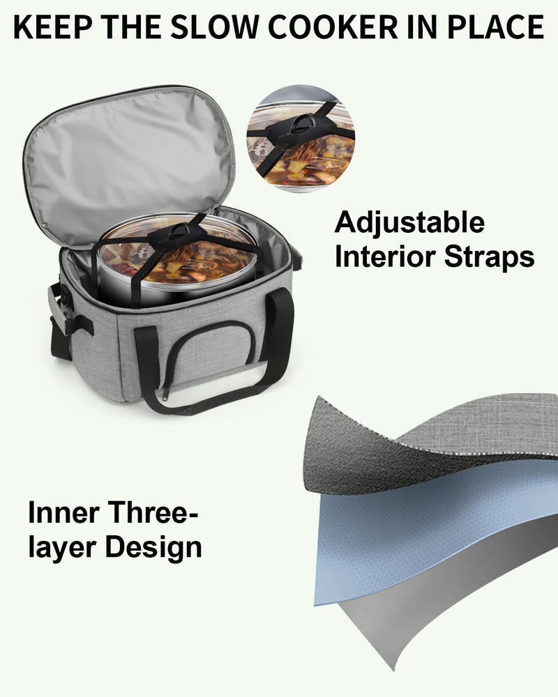 DD DEVILLI Double-Layer Slow Cooker Carrying Bag for 6-8 Quart CrockPot and Hamlton Beach,Portable Carrier Case with See-Through Window,Travel Bag with Lid Fastener for Family Gathering,Grey - Image 4