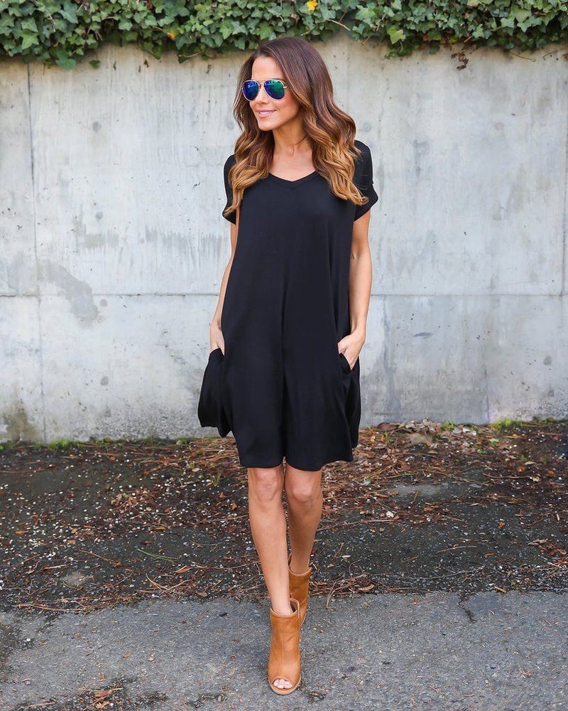 AliExpress ebay hot style women's European and American V-neck solid color pocket loose short-sleeved dress Royalblue L - Image 4