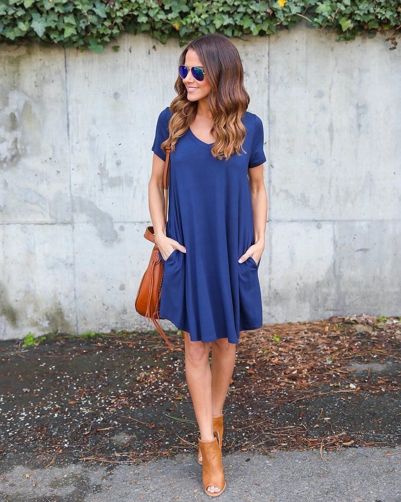 AliExpress ebay hot style women's European and American V-neck solid color pocket loose short-sleeved dress Royalblue L - Image 2
