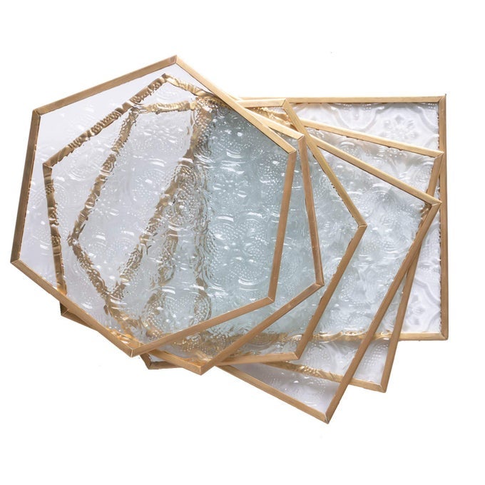 Glass Gold Coasters for Drinks 6 Pcs Cup Coaster Set with Carved Glass Stylish for Coffee Tea Wine Coasters for Bar with Brass Edge Hexagon and Square Coasters Home Decor