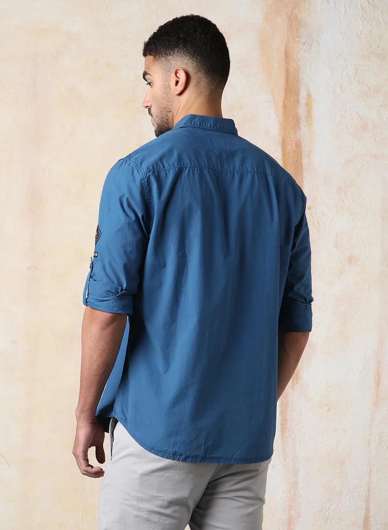 HIGH STAR Blue Men Regular Fit Utility Heavy Washed Spread Collar Solid Cotton Casual Shirt for Men | Best Price UAE
