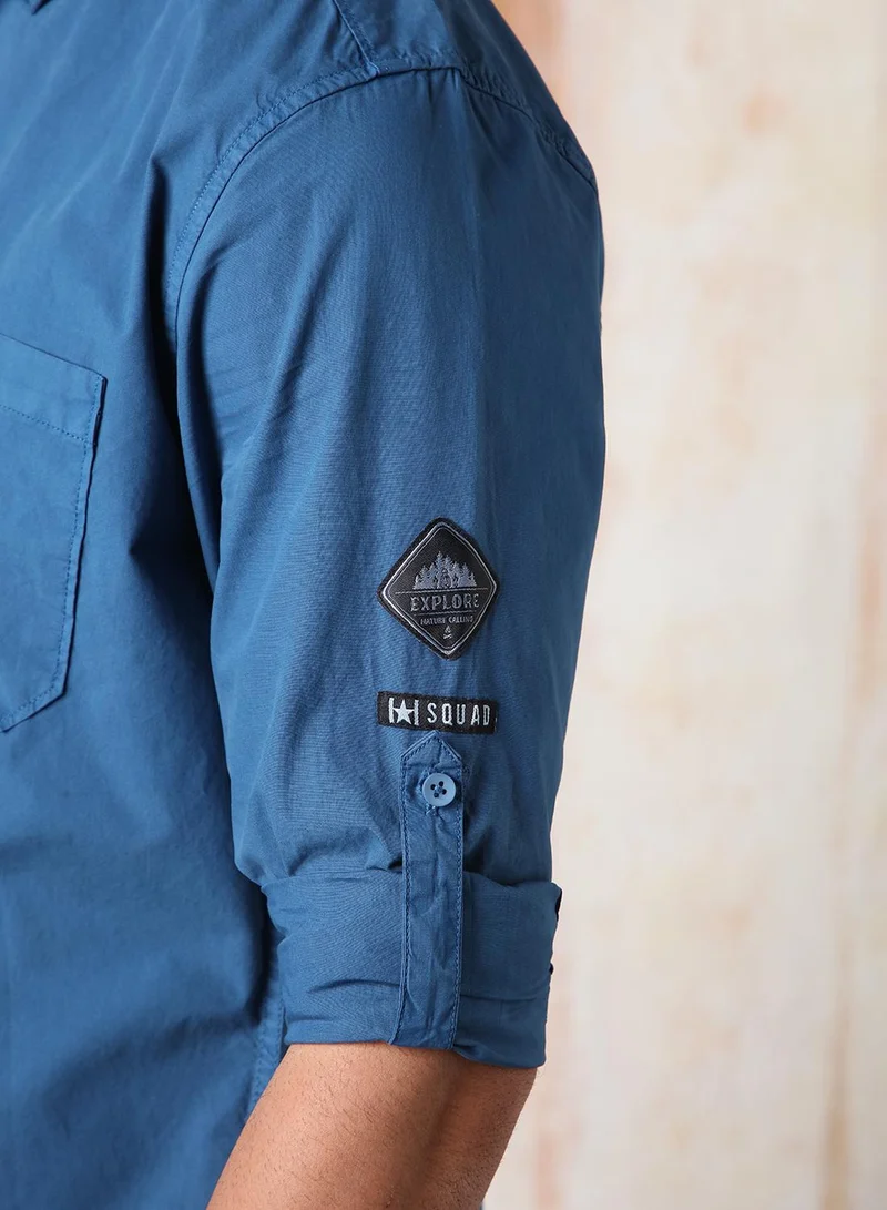 HIGH STAR Blue Men Regular Fit Utility Heavy Washed Spread Collar Solid Cotton Casual Shirt for Men | Best Price UAE