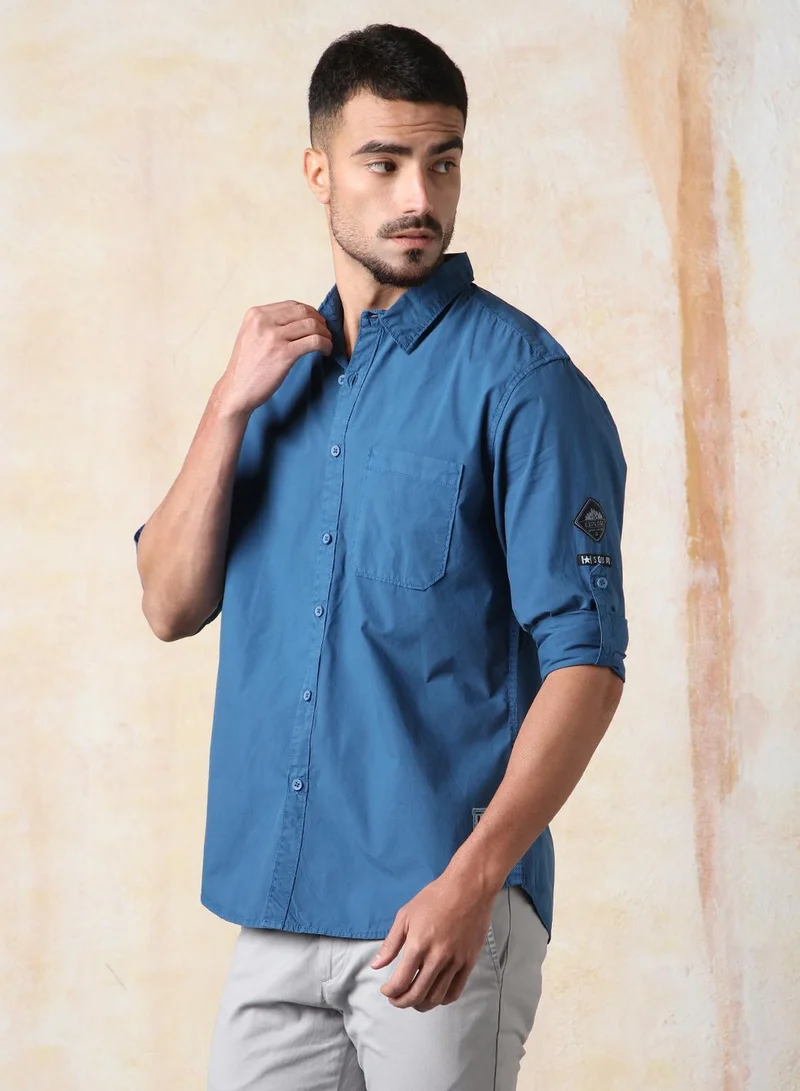 HIGH STAR Blue Men Regular Fit Utility Heavy Washed Spread Collar Solid Cotton Casual Shirt for Men | Best Price UAE