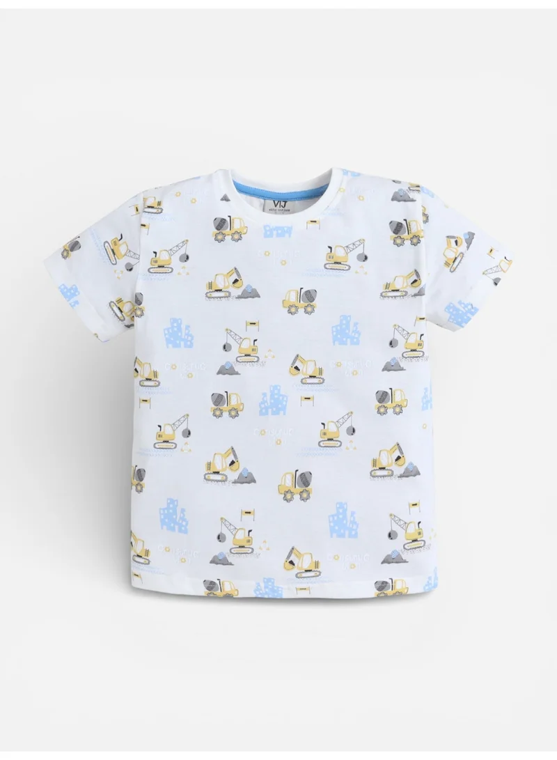 victor and jane Boys Construction Vehicle Print Cotton Pajama Set – T-Shirt & Shorts Nightwear