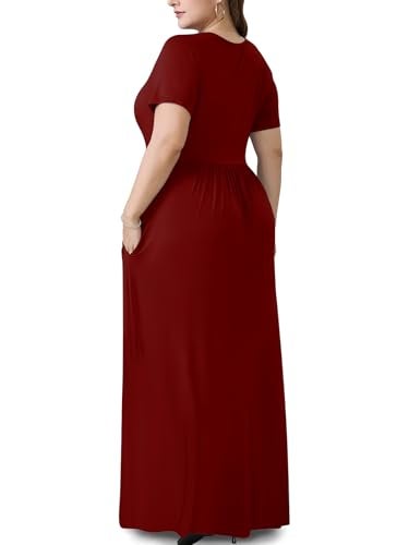 PEVRL Plus Size Maxi Dresses for Women Summer Casual Short Sleeve Long Dress with Pockets Wine Red 3X - Image 3
